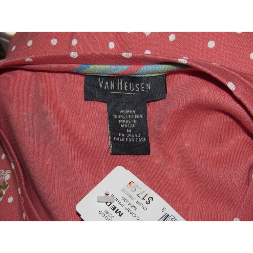 Van Heusen Womens Top M Pink Floral Casual Summer Knit 100% Cotton Dots New - Picture 7 of 7